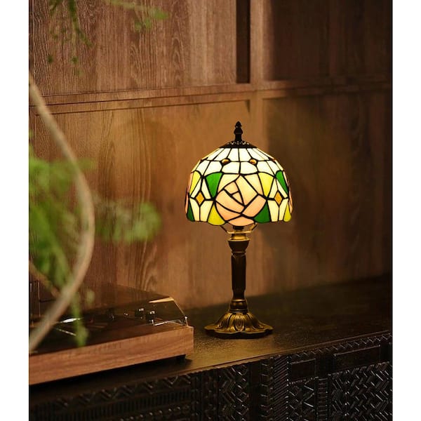 Latepis Decorative 14.6 in. Multicolored Tiffany-Style Table Lamp Bronze Finish Classic Rose Bedside Lamp