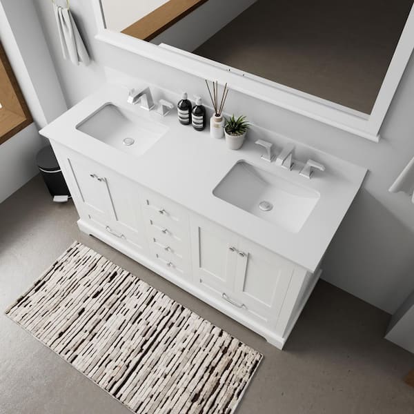 Dukes 60 in. W x 22 in. D White Double Bath Vanity, Cultured Marble Top, Faucet Set, and 58 in. Mirror