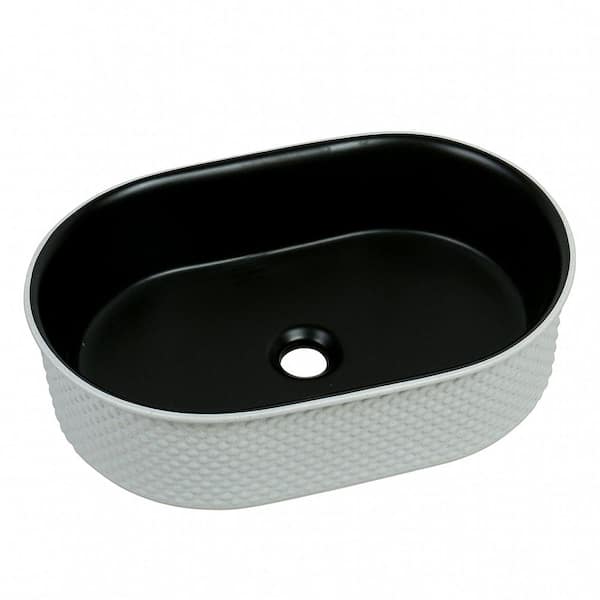 20 in. x 14 in. Textured Oval Vessel Sink-White Diamond Pattern Exterior with Black Interior