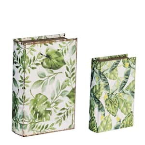 Green/White Botanical Book Boxes (Set of 2)