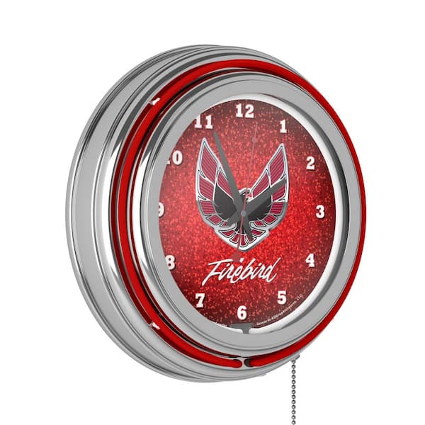 Trademark Global 14 in. Pontiac Firebird Red Chrome Double Ring Neon Wall Clock