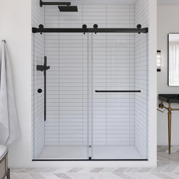55-59 in. W x 72 in. H Sliding Frameless Shower Door in Matte Black Finish with Tempered Glass