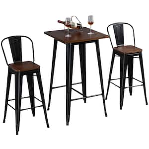 3-Piece Black Bar Table Set with Footrests and Metal Frame