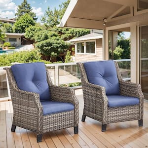 Straight Armrest Series Gray Wicker Outdoor Patio Lounge Chair with CushionGuard Blue Cushions (2 Pack)