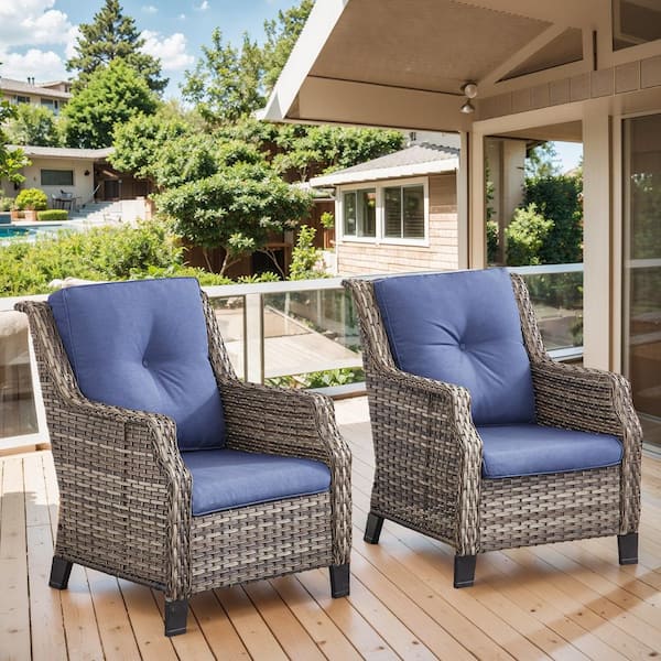 Pocassy Straight Armrest Series Gray Wicker Outdoor Patio Lounge Chair with CushionGuard Blue Cushions (2 Pack)