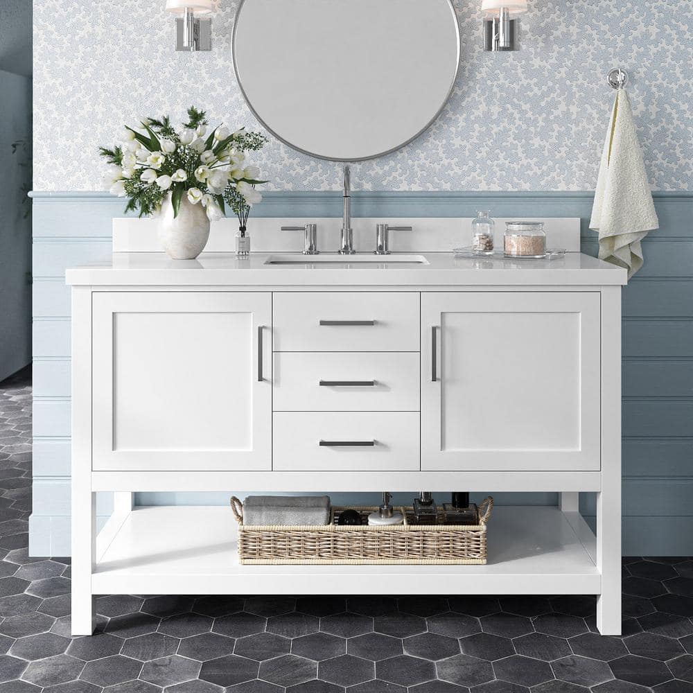 Bayhill 55 in. W x 22 in. D x 36 in. H Bath Vanity in White with Pure Pure White Quartz Top -  ARIEL, R055SWQRVOWHT