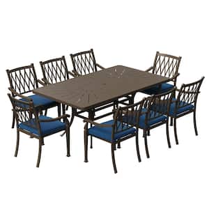 9-Piece Brown Cast Aluminum Outdoor Dining Set with Rectangle Retro Table 8 Dining Chairs with Blue Cushion (Seat 8)