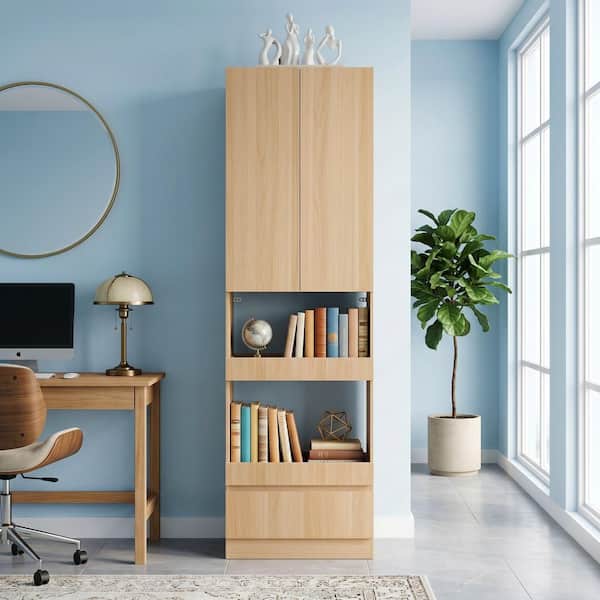 Yellow Wood Grain Solid Wood 92.5 in. H Accent Storage Cabinet Pantry Cabinet with Sliding Shelves, Drawer, Anti-Tipping