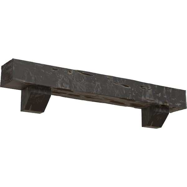 Ekena Millwork 6 in. x 6 in. x 4 ft. Pecky Cypress Faux Wood Fireplace Mantel Kit with Ashford Corbels, Aged Cedar