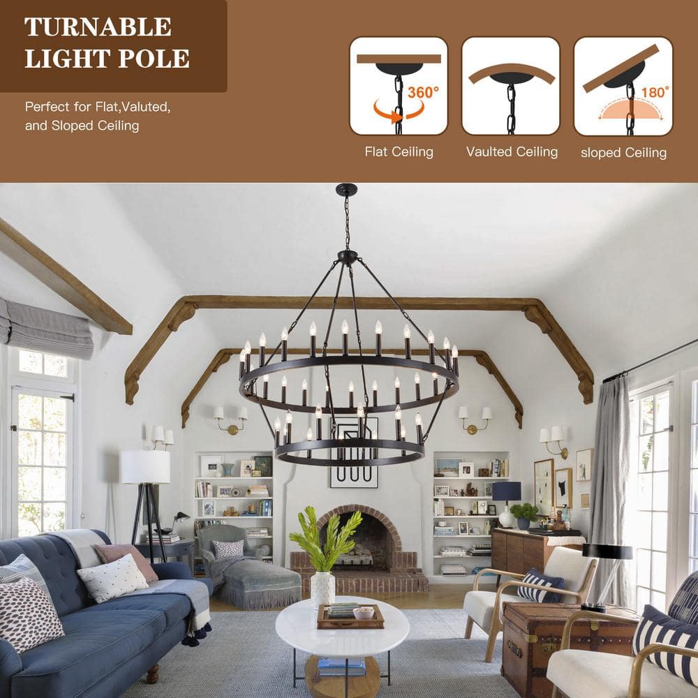 BAOURE 36-Lights Black Wagon Wheel Chandelier 2 Tier 48 in. Extra Large Farmhouse Light Fixture Round Wagon Wheel Chandeliers A-27-D
