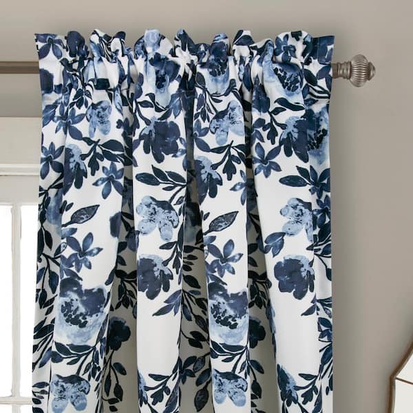 Lush Decor Navy/White Floral Rod Pocket Room Darkening Curtain