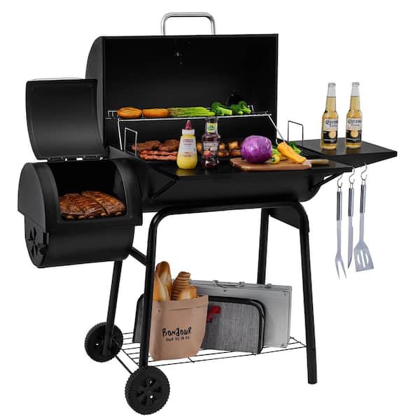 Charcoal Grill in Black with Offset Smoker and Side Table