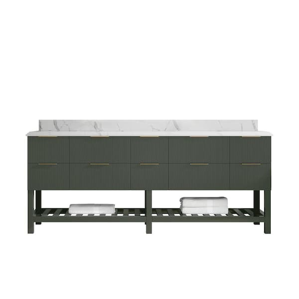 Willow Collections Catalina 84 in. Double Sink Freestanding Pewter Green Bath Vanity with Calacatta Laza Qt. Top Unassembled