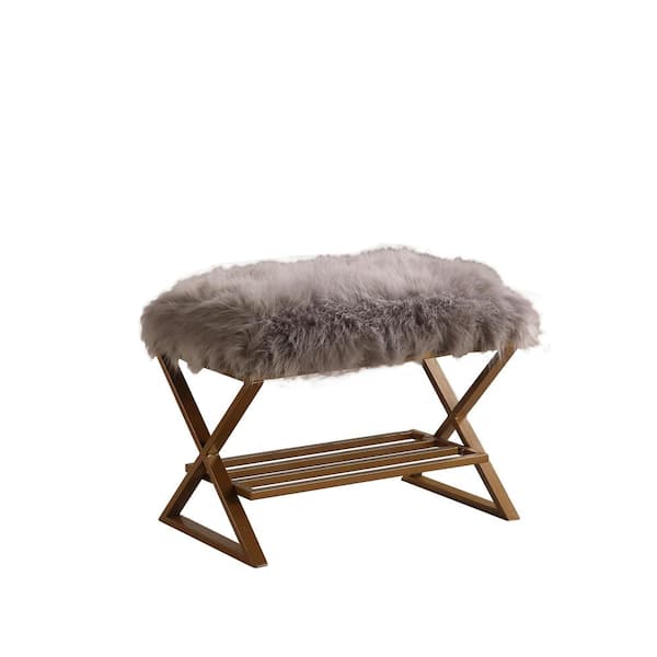 Ore International 17 In Billie Gray Faux Fur Matte Gold Vanity Bench Hb4844 The Home Depot