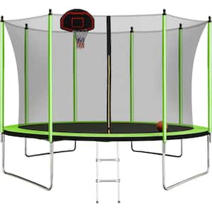 10 ft. Green Trampoline with Basketball Hoop Inflator and Ladder(Inner Safety Enclosure)