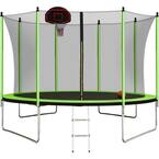 10 ft. Outdoor Green Trampoline with Basketball Hoop Inflator and Ladder