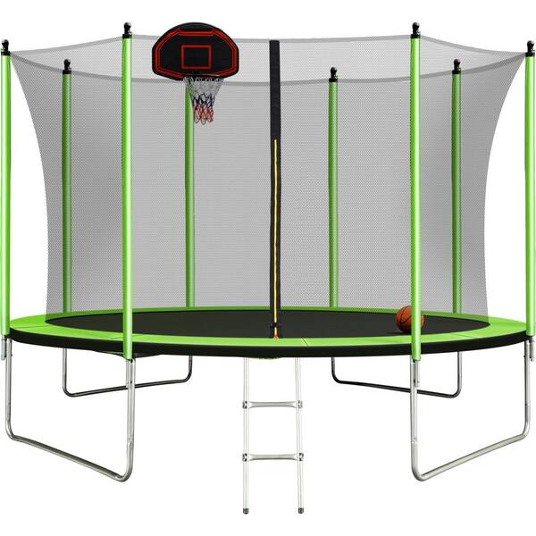 Tatayosi 10 ft. Outdoor Green Trampoline with Basketball Hoop Inflator and Ladder