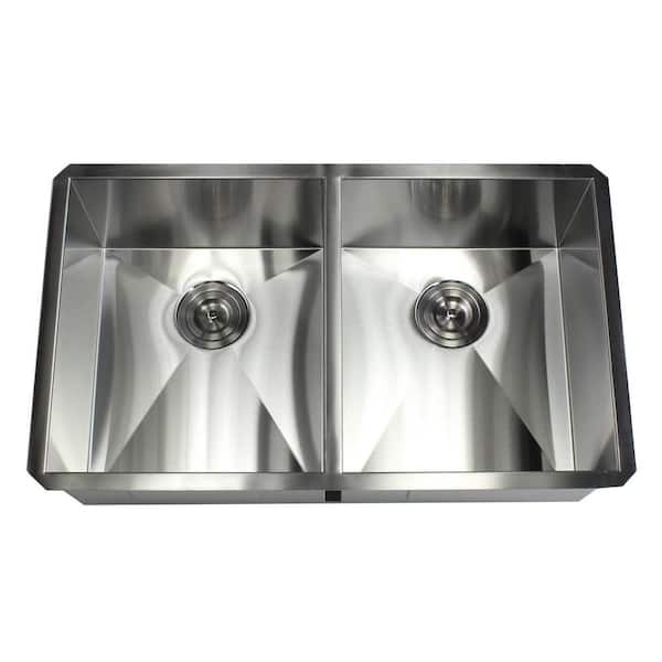Kingsman Hardware Undermount Stainless Steel 32 in. x 19 in. x 10 in. Deep 16-Gauge 50/50 Double Bowl Zero Radius Kitchen Sink