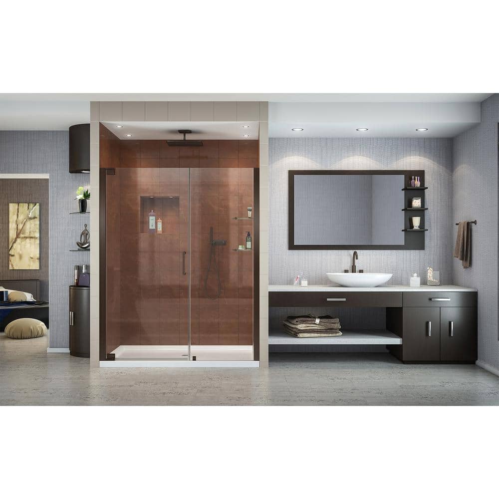 Elegance 53" Frameless Pivot Shower Door in Clear Glass and Bronze