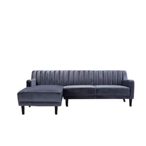 2-Piece Gray Channel Velvet 3-Seater L-Shaped Left Facing Sectional Sofa with Tapered Legs