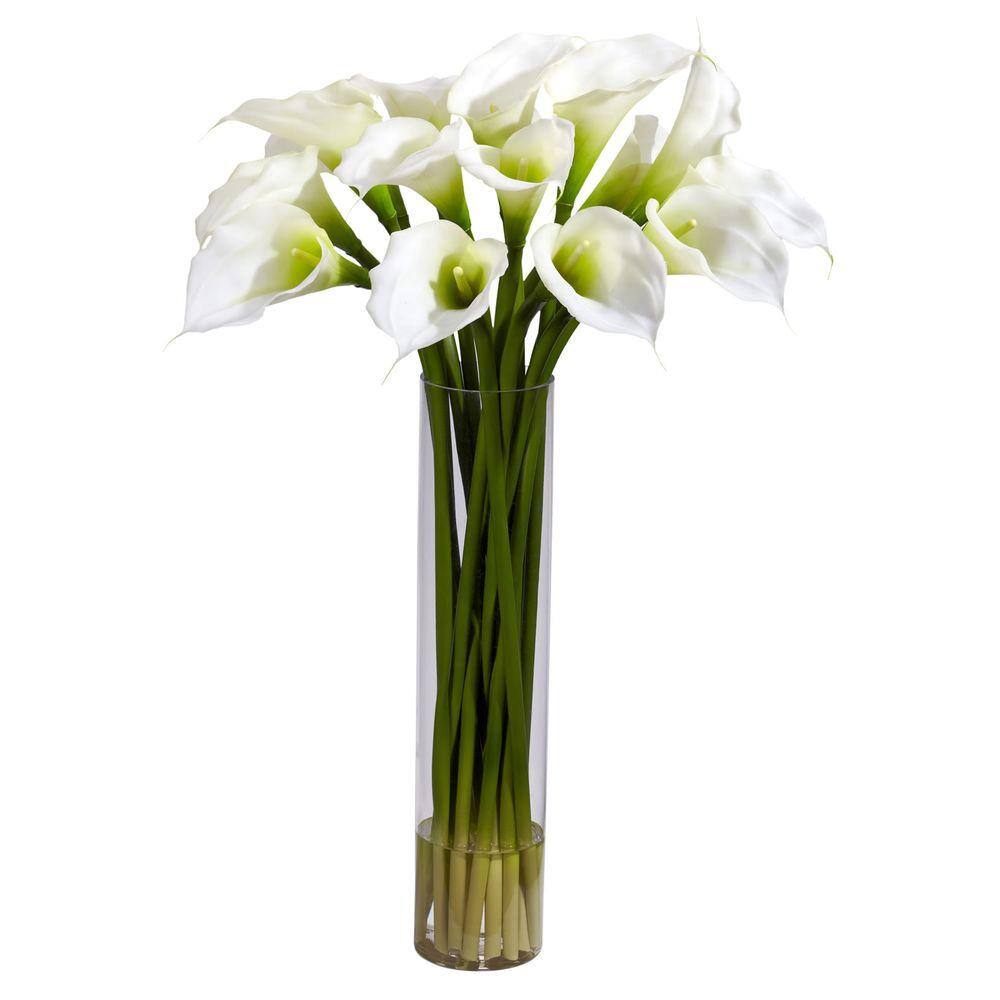 Nearly Natural 27 In H Cream Calla Lilly With Cylinder Silk Flower Arrangement 1251 Cr The Home Depot