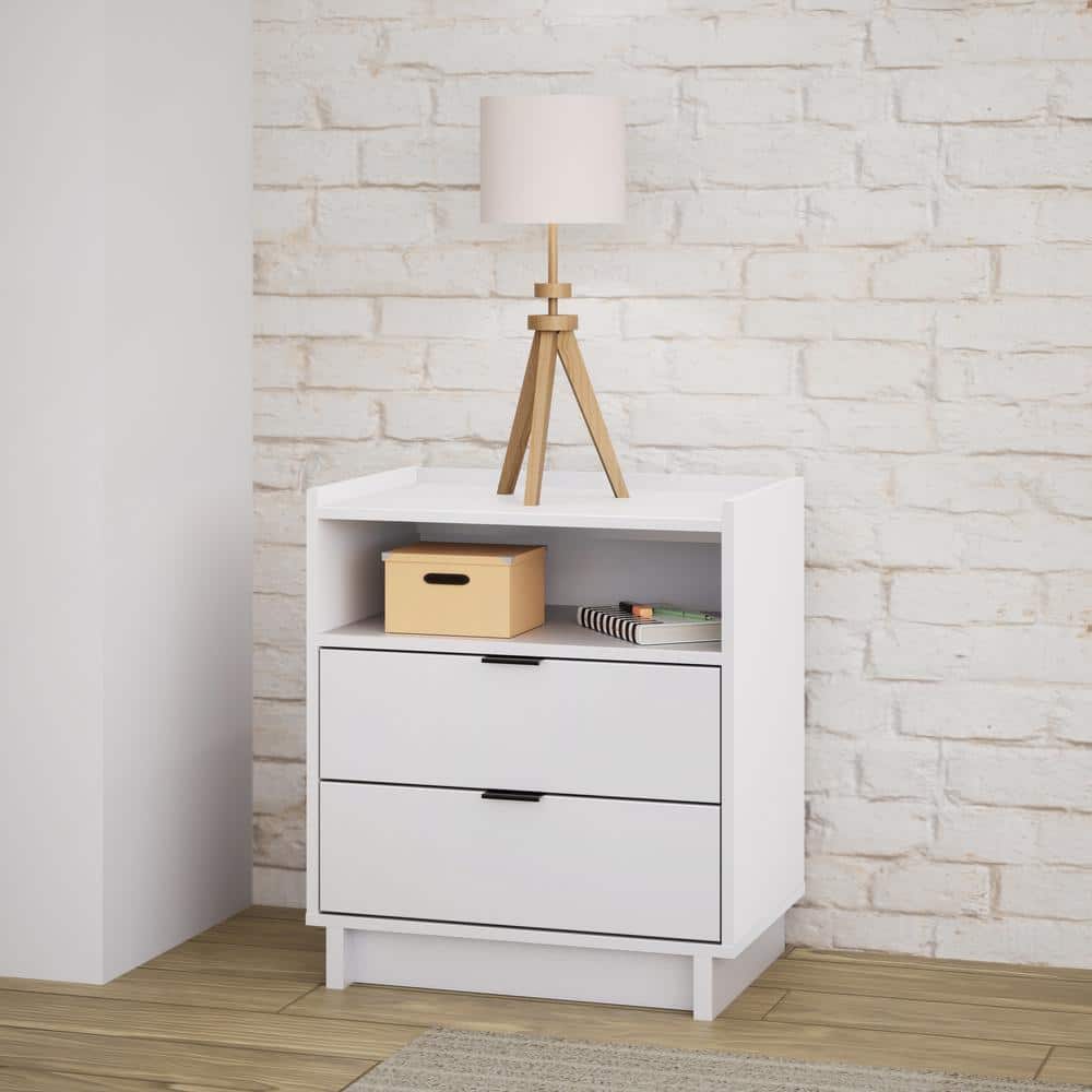 Simply Modern White 2 Drawer Nightstand with Open Shelf