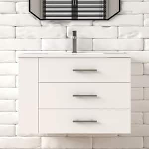 Rita 30.25 in. W Single Sink Wallmount Bath Vanity with White Ceramic Top Countertop in Matte White with Left Side Shelf