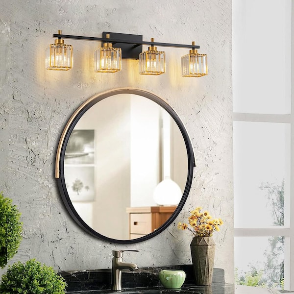 MENCOLULU 30 in. 4-Light Matte Black and Gold Linear Wall Vanity Light with Square Crystal Shades for Bathroom