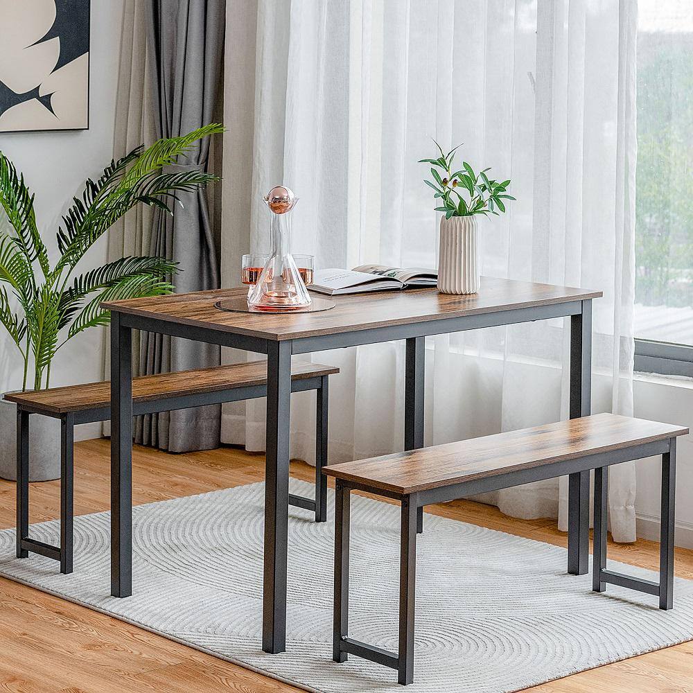 Modern Studio 3-Piece Coffee Dining Table Set with 2 Benches