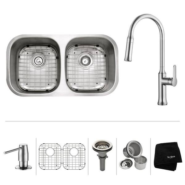 KRAUS All-in-One Undermount Stainless Steel 32 in. 50/50 Double Bowl Kitchen Sink with Faucet and Accessories in Chrome
