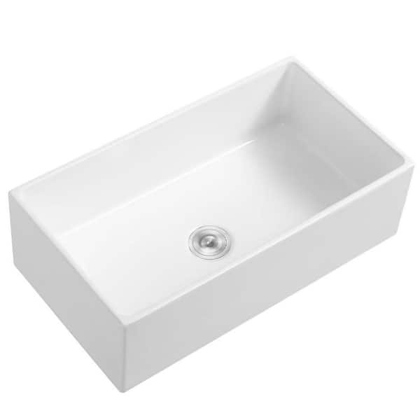 White Fireclay 33 in. Single Bowl Apron-Front Kitchen Sink with Basket Strainer