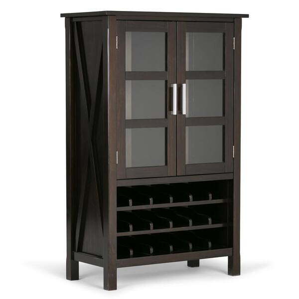 Simpli Home Kitchener 18-Bottle Solid Wood 32 in. Wide Contemporary High Storage Wine Rack Cabinet in Dark Walnut Brown