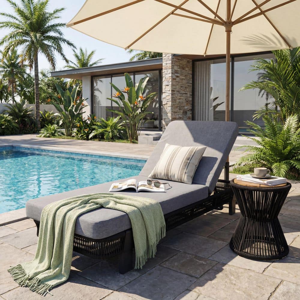 Orson Black 1-Piece Metal and Rope Weave Adjustable Patio Outdoor Chaise Lounge with Grey Cushions
