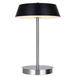 Jessa 14 in. Integrated LED Brushed Nickel Table Lamp with Matte Black Metal Shade, On/Off Touch and USB Chargeports