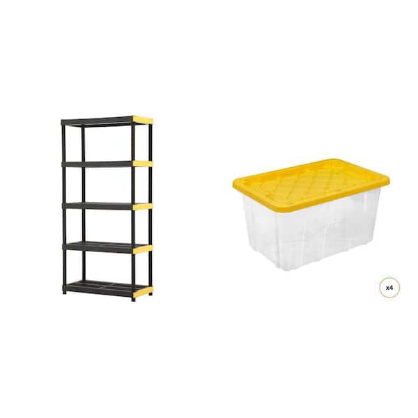 5-Tier Garage Shelving, 36 in. x 74 in. x 18 in., and 4 Storage Totes, 27 Gal.