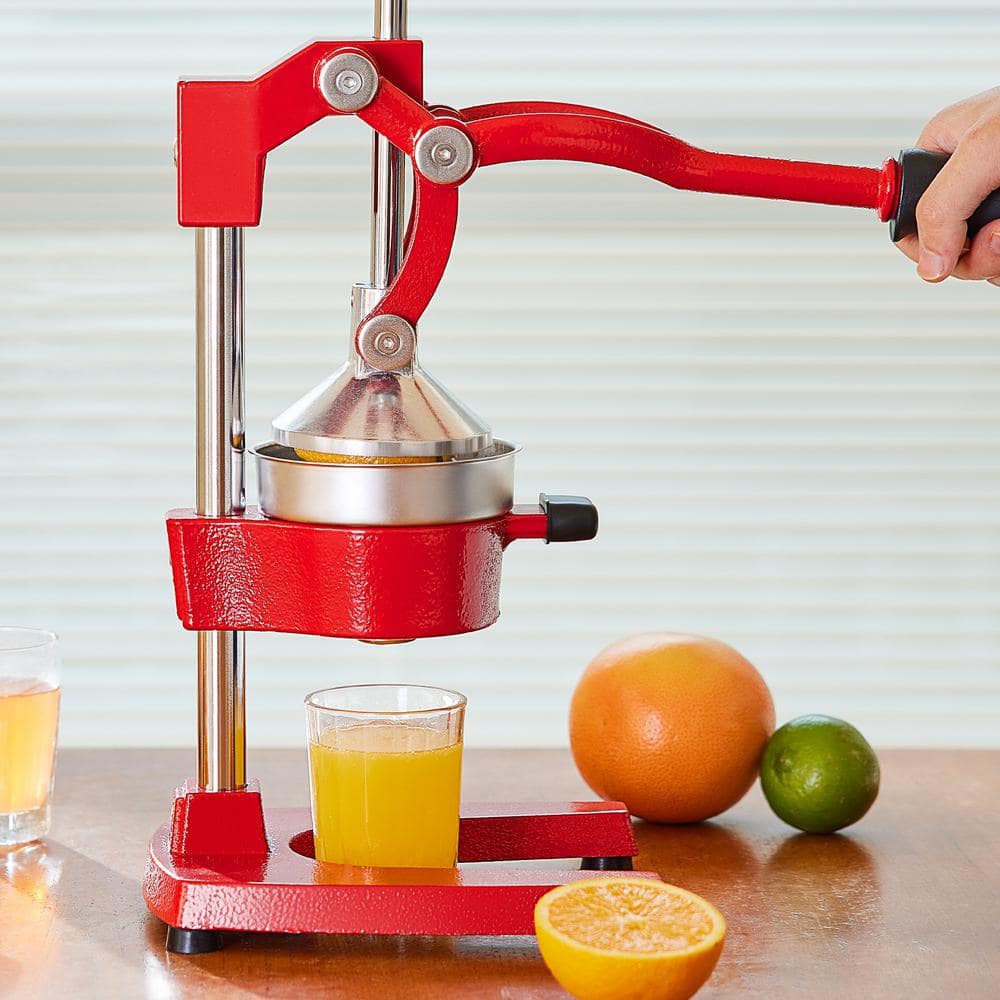 Red Cast Iron Hand Press Citrus Juicer with Stainless Steel Strainer