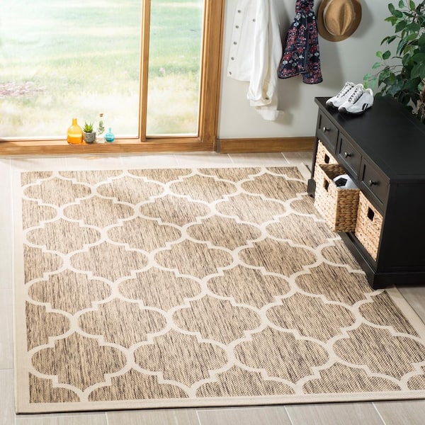 Courtyard Brown/Bone 7 ft. x 7 ft. Moroccan Geometric Indoor/Outdoor Patio  Square Area Rug