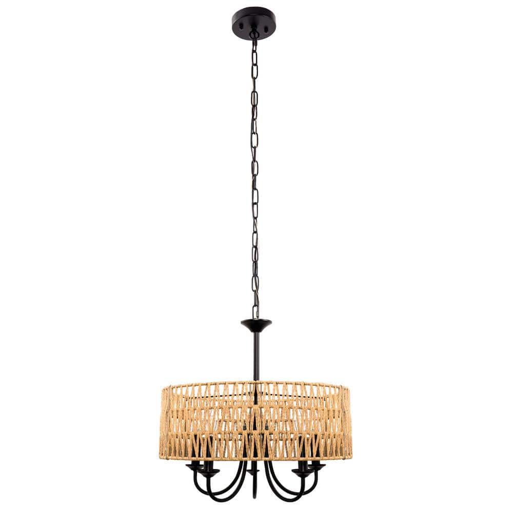 Briignite 5-Light Modern Farmhouse Brown Round Rattan