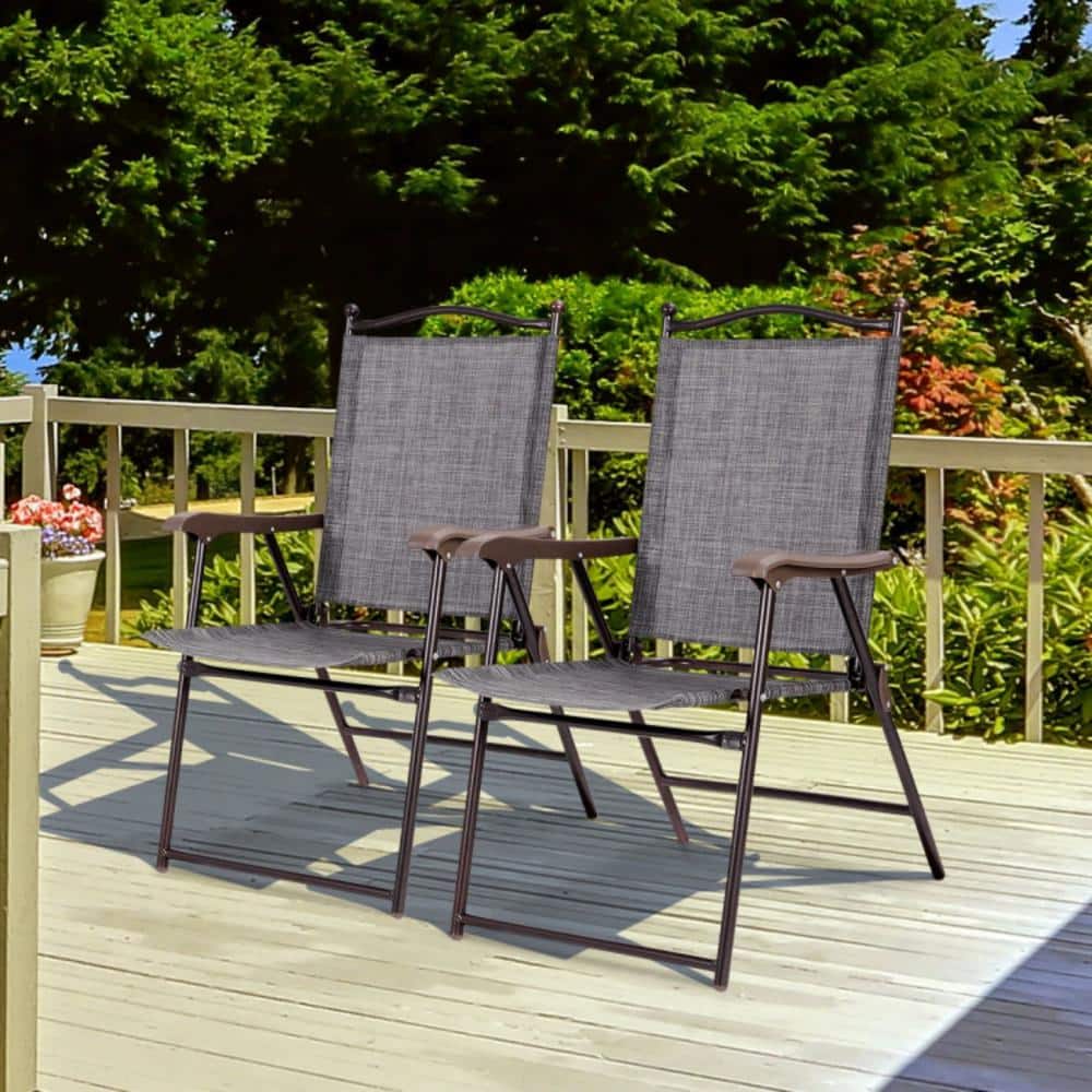 Gray Steel Frame Folding Camping Chairs with Arms, Set of 2