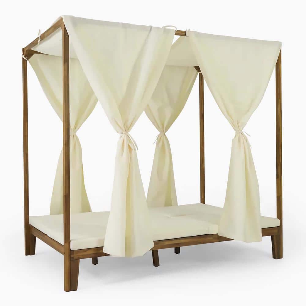 Teak Outdoor Canopy Day Bed with Beige Water-Resistant Curtains and Cushion