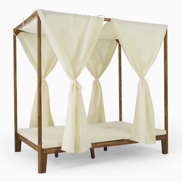 Unbranded Teak Outdoor Canopy Day Bed with Beige Water-Resistant Curtains and Cushion