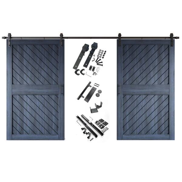 XT2 48 in. x 84 in. C-Panel Navy Slanted Stripe Design Double Pine Wood Sliding Barn Door with Hardware Kit