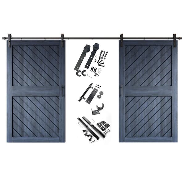 HOMACER XT2 50 in. x 84 in. C-Panel Navy Slanted Stripe Design Double Pine Wood Sliding Barn Door with Hardware Kit