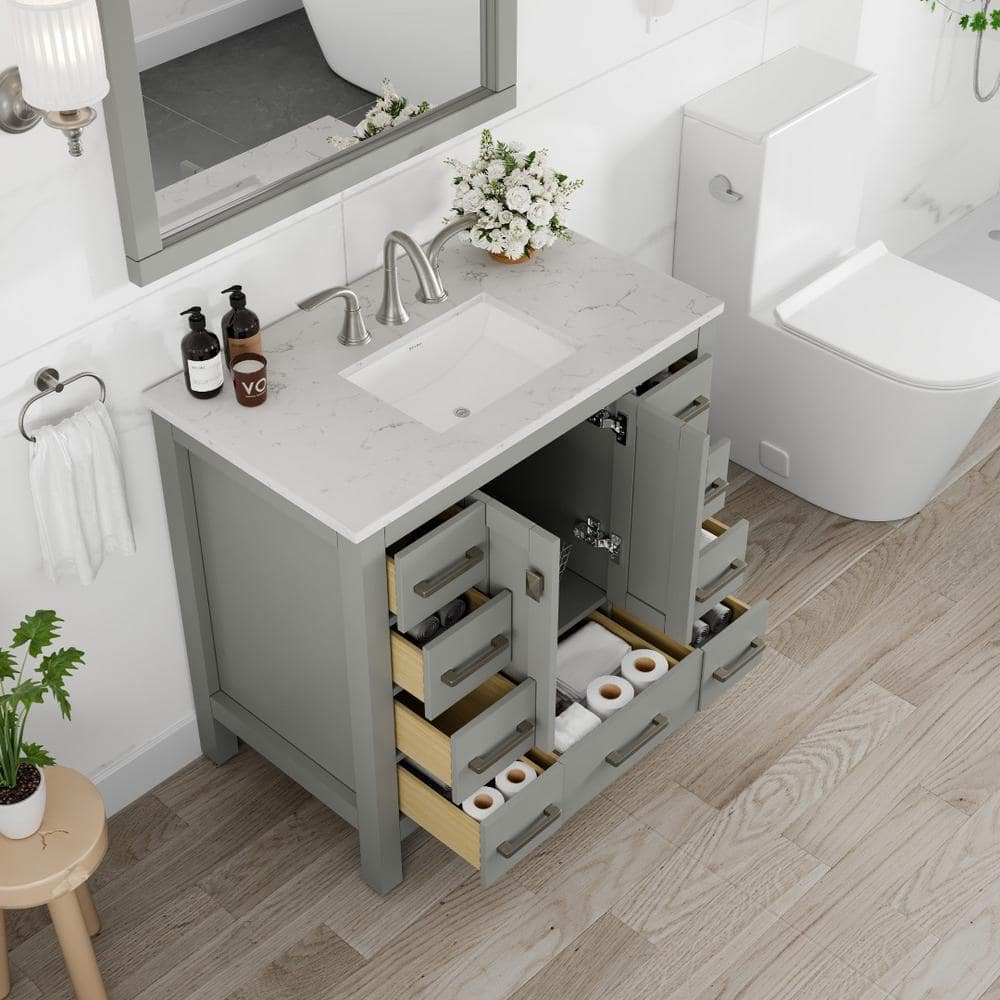Eviva Hampton 36" Gray Transitional Freestanding Bathroom Vanity with White Carrara Marble Top