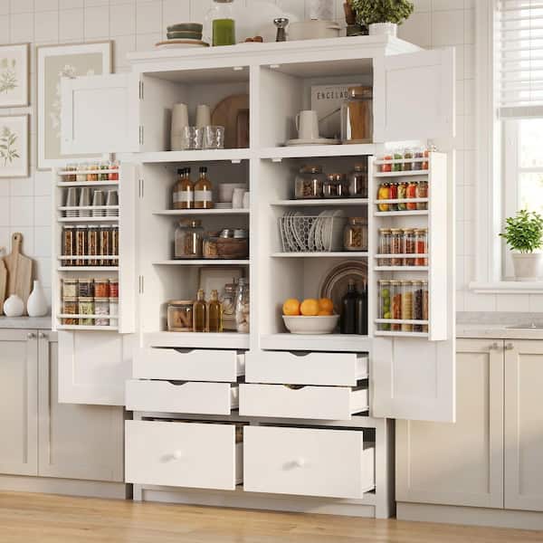 White 74.8 in. H Tall Storage Cabinet Kitchen Pantry with 8 Door Shelves, 4 Pull-Out Trays, 6 Drawers