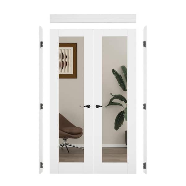 48 in. x 96 in. 1-Lite Mirrored Glass Universal Primed Solid Core Glass Double Prehung French Door+ Quick Assemble Jamb