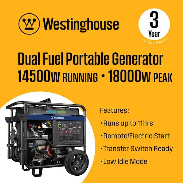 18,000/14,500-Watt Dual Fuel Gas and Propane Portable Generator with Remote Electric Start, Low THD, and 50 Amp Outlet