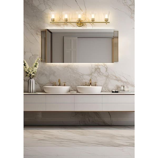 Belle 42 in. 5 Light Modern Gold Vanity Light with Clear Glass Shade