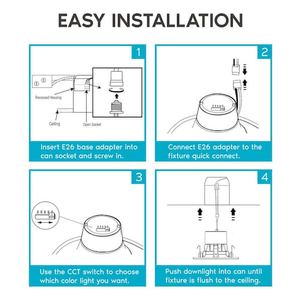 4in Square Can Light 5 Color Selectable LED Recessed Light Kit Dimmable 750lm Remodel Wet Rated Baffle Trim (6 Pack)