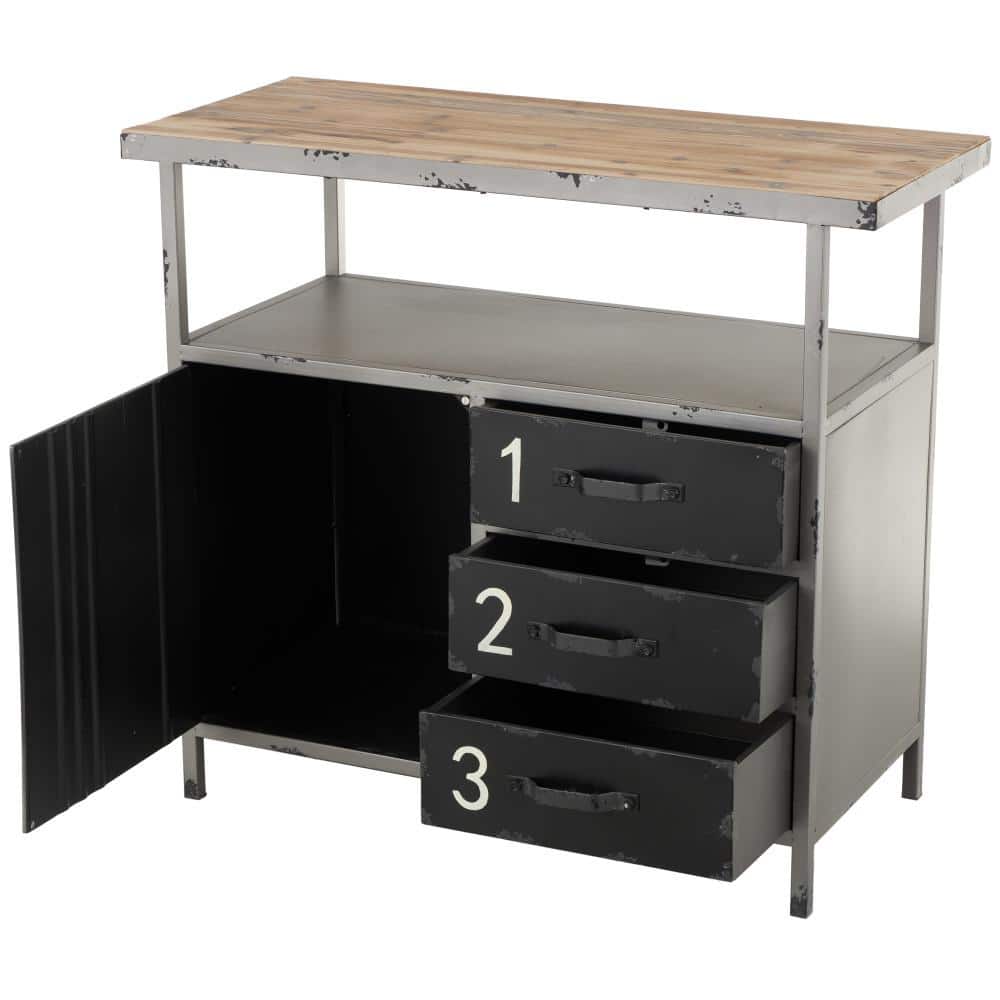 Gray Industrial Metal Cabinet with Wood Top and Drawers